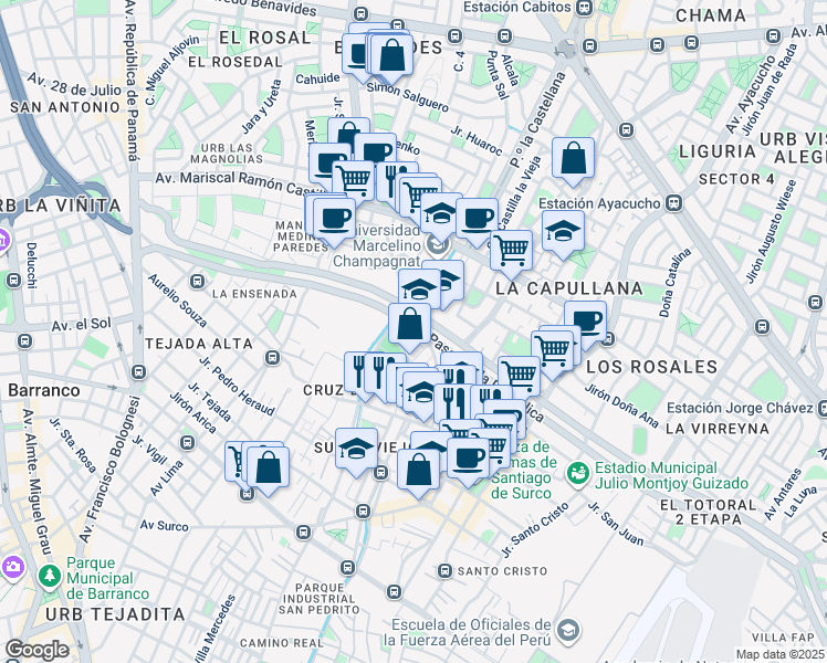 map of restaurants, bars, coffee shops, grocery stores, and more near 6715 Avenida Paseo de la República in Lima