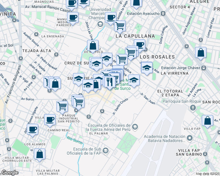 map of restaurants, bars, coffee shops, grocery stores, and more near 342 Batalla de Ayacucho in Distrito de Lima