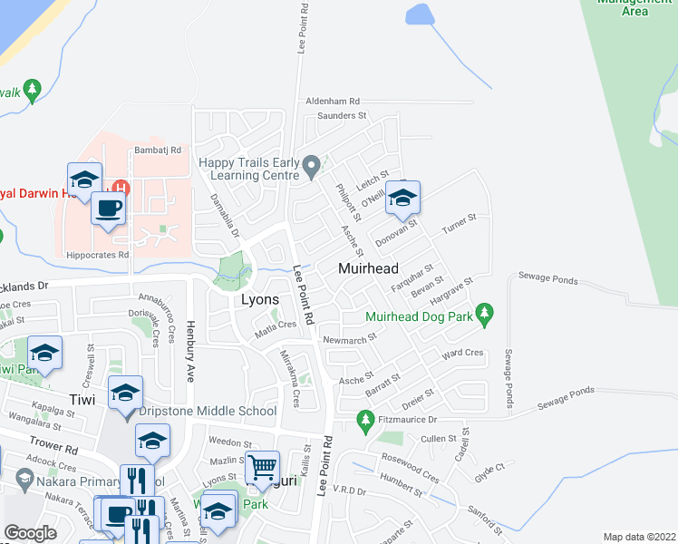 map of restaurants, bars, coffee shops, grocery stores, and more near 8 Ivinson Street in Muirhead