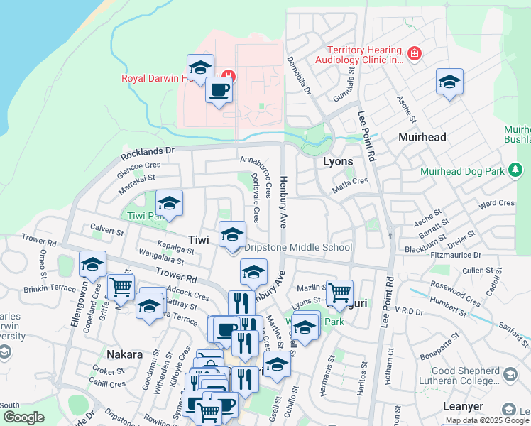 map of restaurants, bars, coffee shops, grocery stores, and more near 15 Annaburroo Crescent in Tiwi