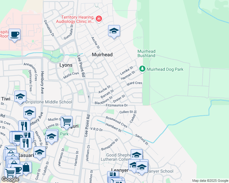 map of restaurants, bars, coffee shops, grocery stores, and more near 30 Barratt Street in Muirhead