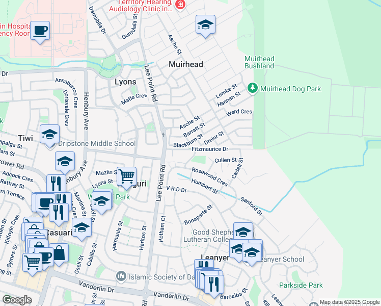 map of restaurants, bars, coffee shops, grocery stores, and more near 2 Armstrong Street in Leanyer