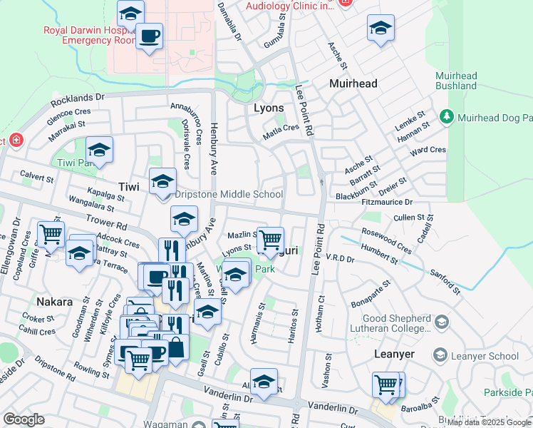map of restaurants, bars, coffee shops, grocery stores, and more near 21 Tambling Terrace in Wanguri