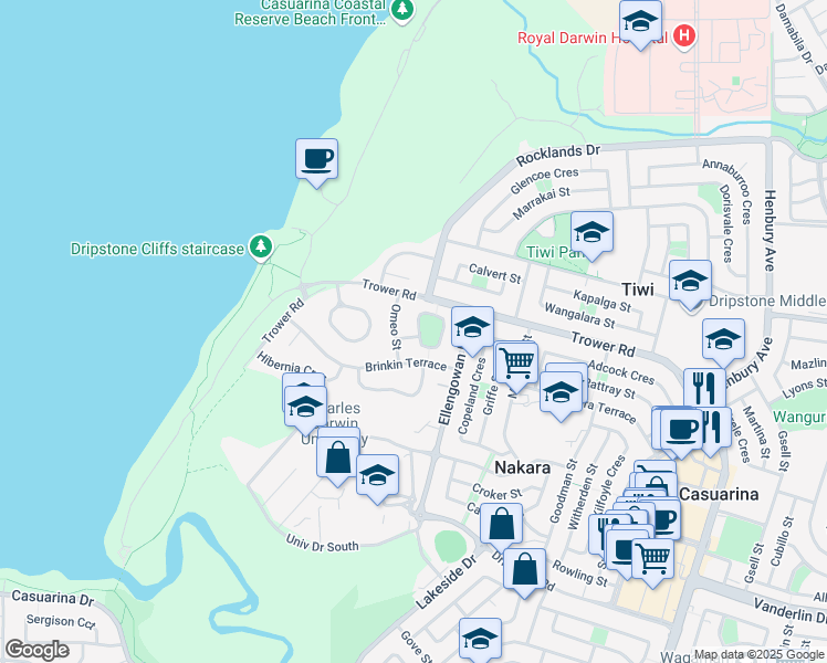 map of restaurants, bars, coffee shops, grocery stores, and more near 3 Airlie Circuit in Brinkin