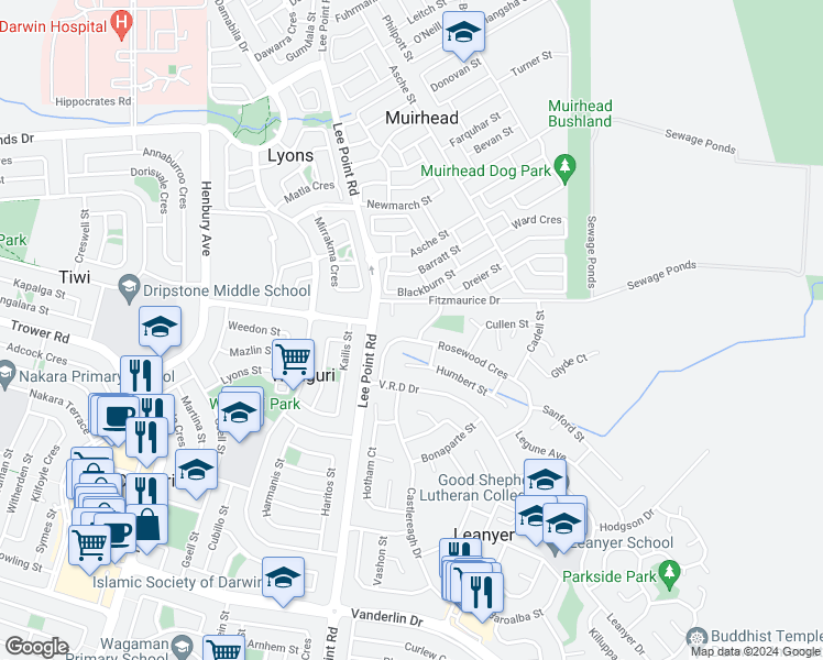 map of restaurants, bars, coffee shops, grocery stores, and more near 25 Rosewood Crescent in Leanyer
