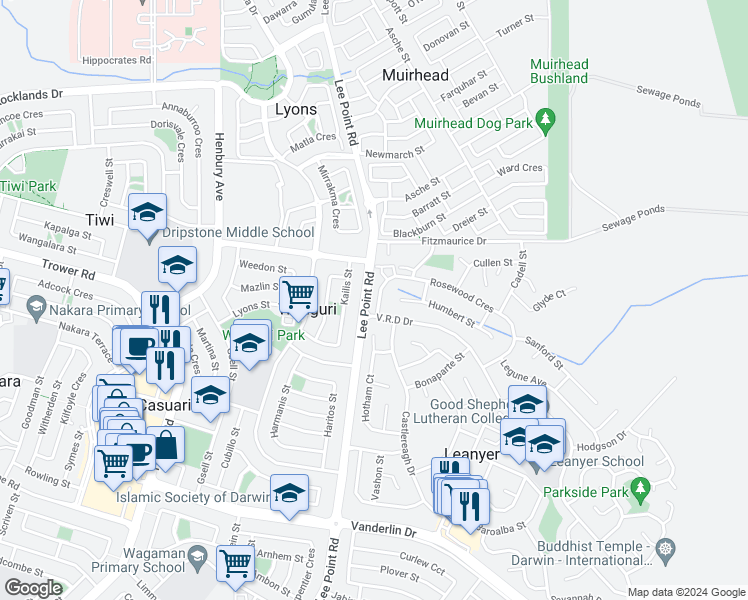 map of restaurants, bars, coffee shops, grocery stores, and more near 5 Rosewood Crescent in Leanyer