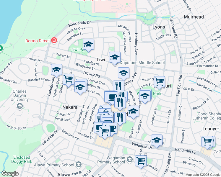 map of restaurants, bars, coffee shops, grocery stores, and more near 22 Adcock Crescent in Nakara