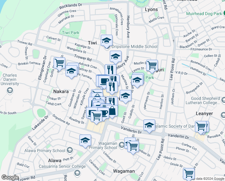 map of restaurants, bars, coffee shops, grocery stores, and more near 291 Trower Road in Casuarina