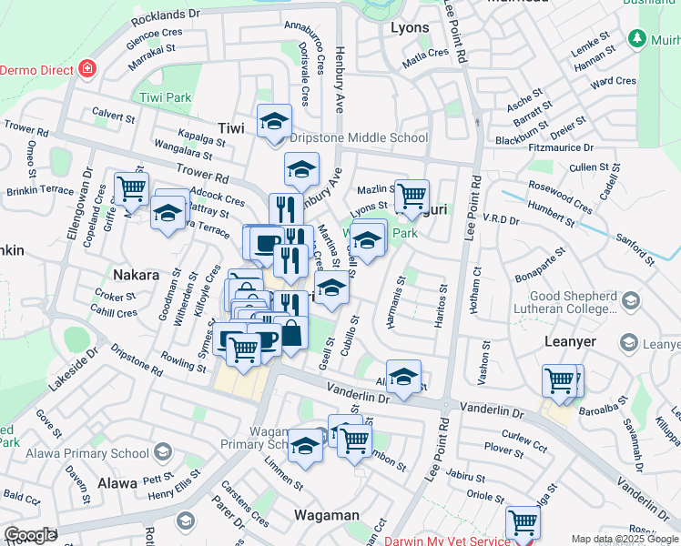 map of restaurants, bars, coffee shops, grocery stores, and more near 4 Strele Crescent in Wanguri
