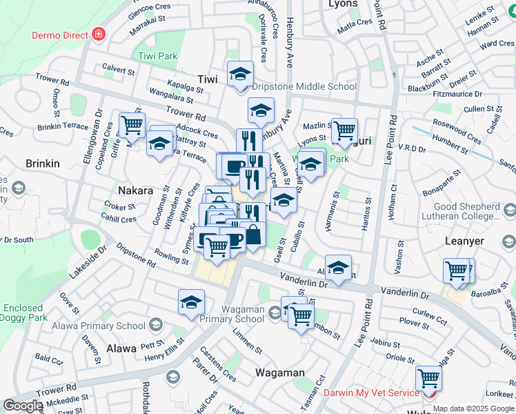 map of restaurants, bars, coffee shops, grocery stores, and more near 4/291 Trower Road in Casuarina