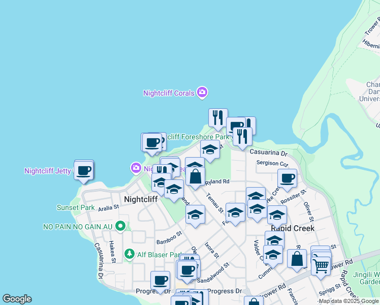 map of restaurants, bars, coffee shops, grocery stores, and more near 280 Casuarina Drive in Rapid Creek
