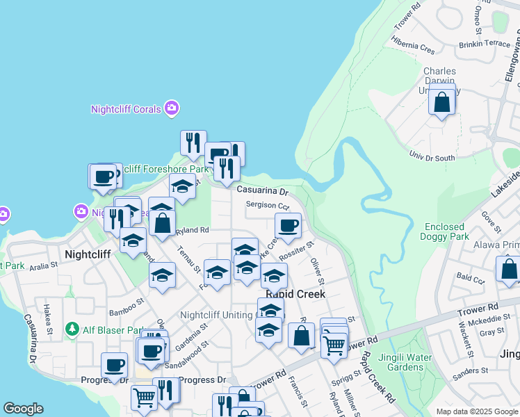 map of restaurants, bars, coffee shops, grocery stores, and more near 38 Sergison Circuit in Rapid Creek