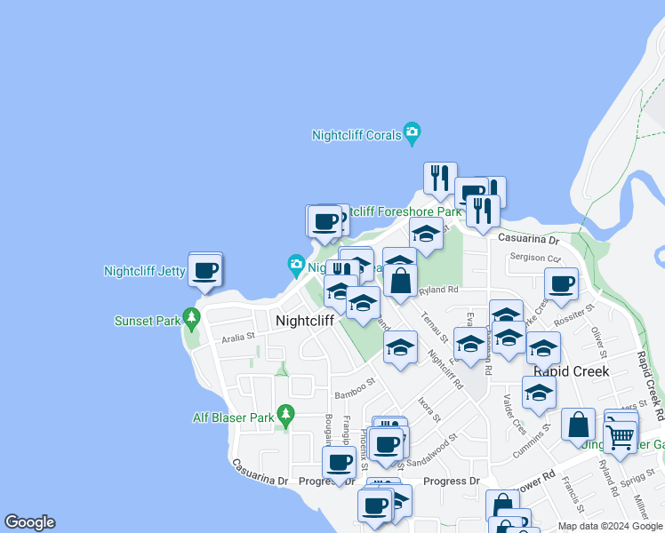 map of restaurants, bars, coffee shops, grocery stores, and more near 256 Casuarina Drive in Nightcliff