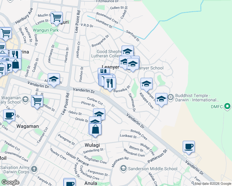 map of restaurants, bars, coffee shops, grocery stores, and more near 14 Baroalba Street in Leanyer