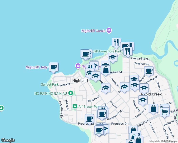 map of restaurants, bars, coffee shops, grocery stores, and more near 55 Aralia Street in Nightcliff