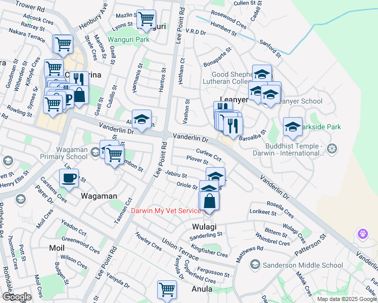 map of restaurants, bars, coffee shops, grocery stores, and more near 43 Curlew Circuit in Wulagi