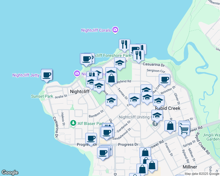 map of restaurants, bars, coffee shops, grocery stores, and more near 82 Nightcliff Road in Nightcliff