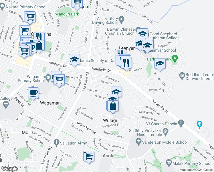 map of restaurants, bars, coffee shops, grocery stores, and more near 81 Curlew Circuit in Wulagi
