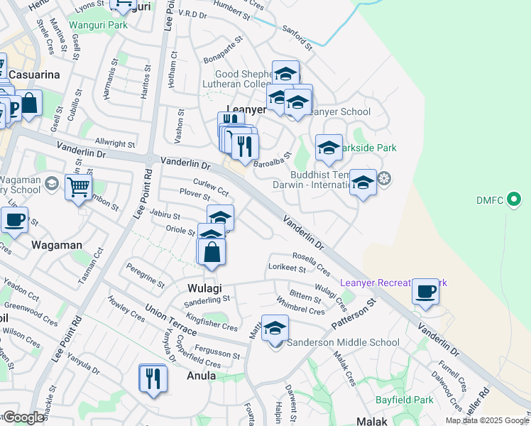 map of restaurants, bars, coffee shops, grocery stores, and more near 122 Vanderlin Drive in Wulagi