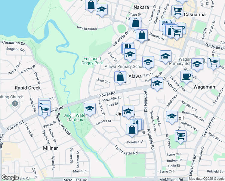 map of restaurants, bars, coffee shops, grocery stores, and more near 141 Trower Road in Alawa