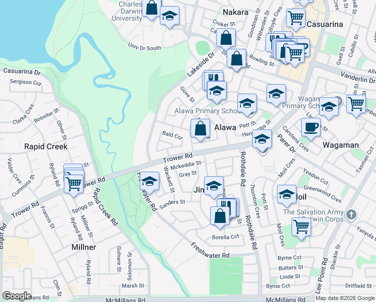 map of restaurants, bars, coffee shops, grocery stores, and more near 141 Trower Road in Alawa
