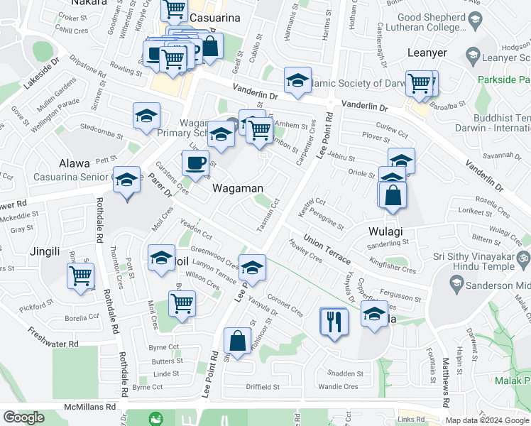 map of restaurants, bars, coffee shops, grocery stores, and more near 12 Zeehan Street in Wagaman