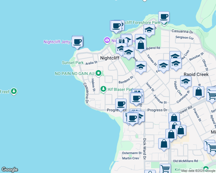 map of restaurants, bars, coffee shops, grocery stores, and more near 14 Eugenia Street in Nightcliff