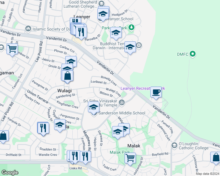 map of restaurants, bars, coffee shops, grocery stores, and more near 77 Wulagi Crescent in Wulagi