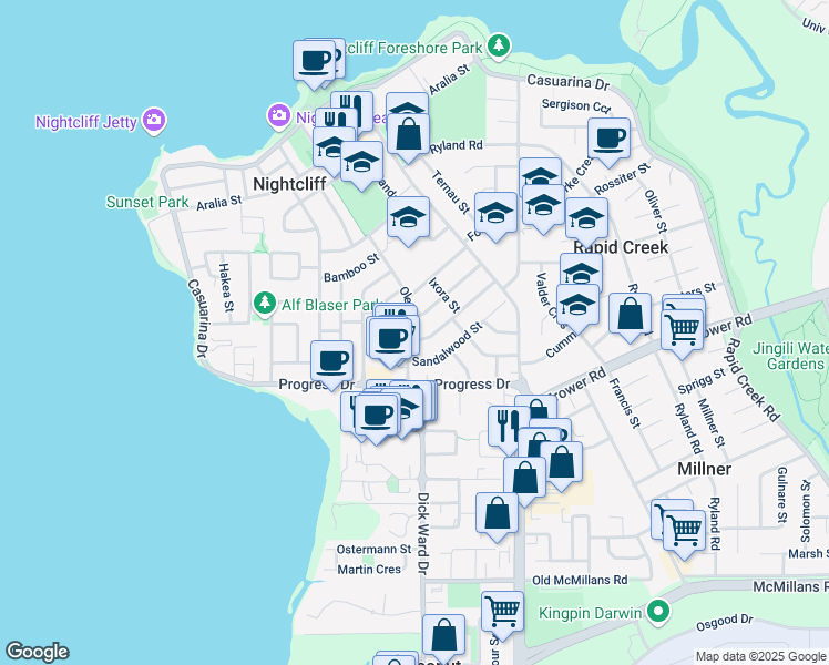 map of restaurants, bars, coffee shops, grocery stores, and more near 1 Gardenia Street in Nightcliff