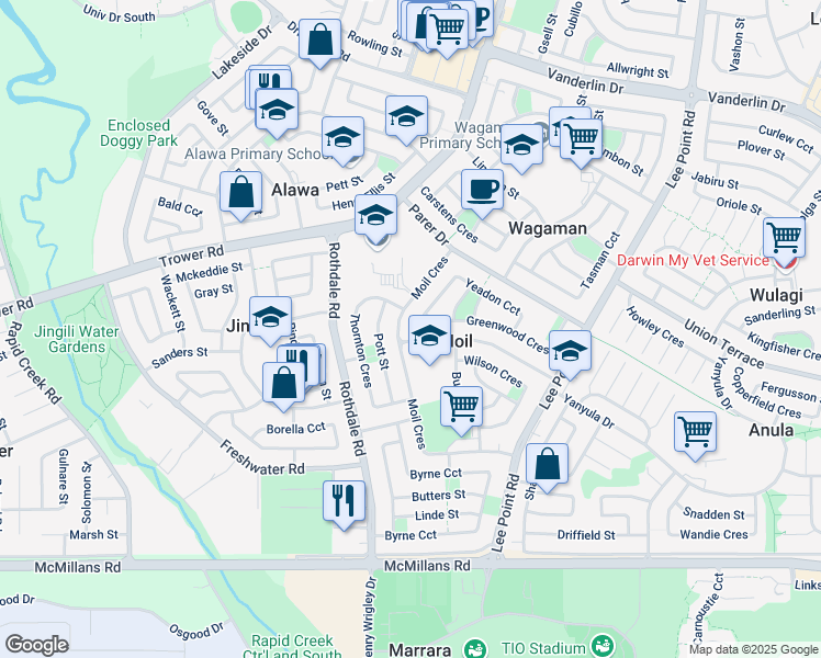 map of restaurants, bars, coffee shops, grocery stores, and more near 3 Yeadon Circuit in Moil