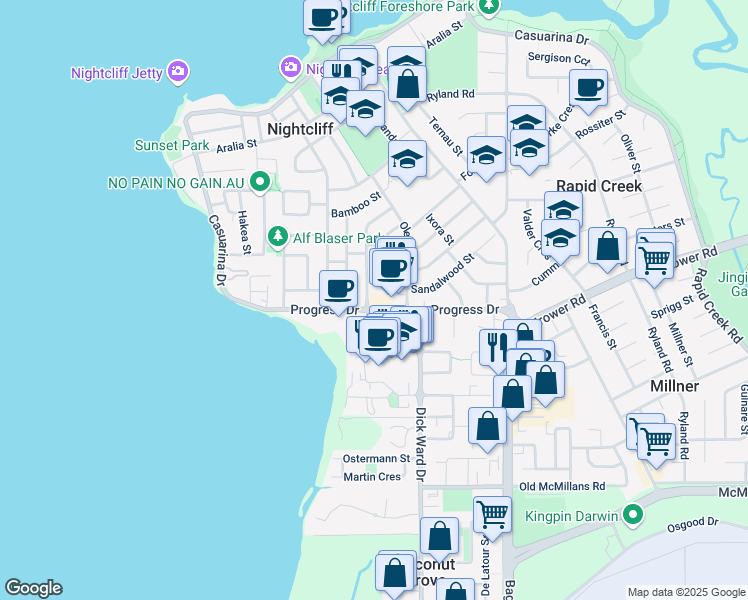 map of restaurants, bars, coffee shops, grocery stores, and more near 48 Progress Drive in Nightcliff