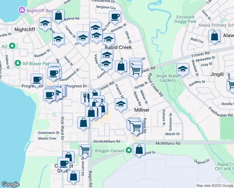map of restaurants, bars, coffee shops, grocery stores, and more near 21 Francis Street in Millner