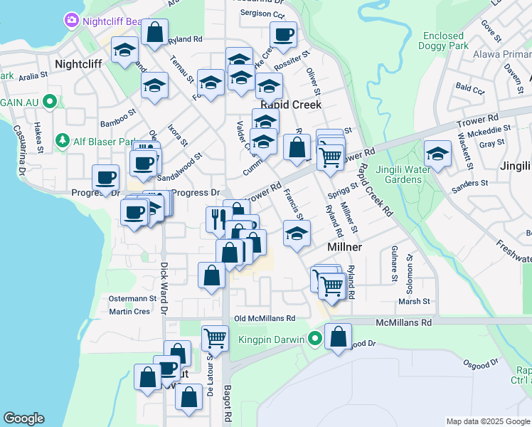 map of restaurants, bars, coffee shops, grocery stores, and more near 3 Kelsey Crescent in Millner