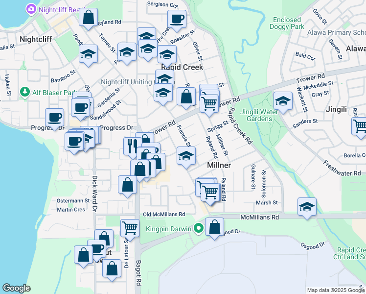 map of restaurants, bars, coffee shops, grocery stores, and more near 48-50 Sabine Road in Millner