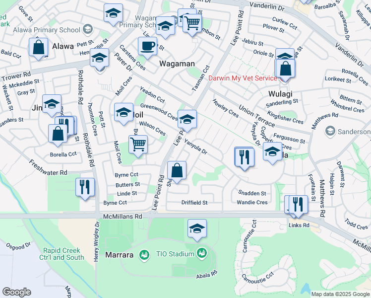 map of restaurants, bars, coffee shops, grocery stores, and more near 24 Maude Street in Anula