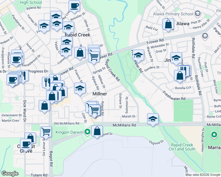 map of restaurants, bars, coffee shops, grocery stores, and more near 31 Robinson Road in Millner