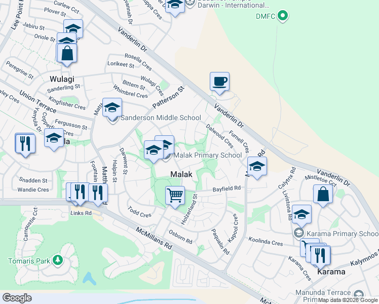 map of restaurants, bars, coffee shops, grocery stores, and more near 14 Pitman Court in Malak