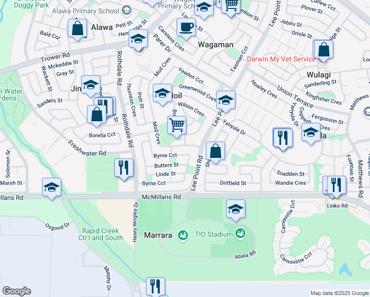 map of restaurants, bars, coffee shops, grocery stores, and more near 11 Moil Crescent in Moil