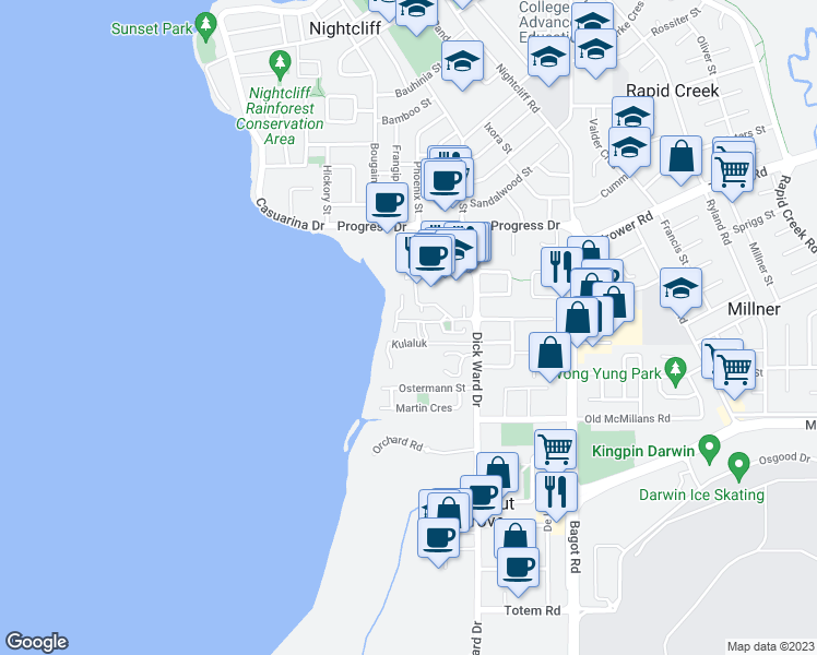 map of restaurants, bars, coffee shops, grocery stores, and more near 11 Radomi Close in Coconut Grove