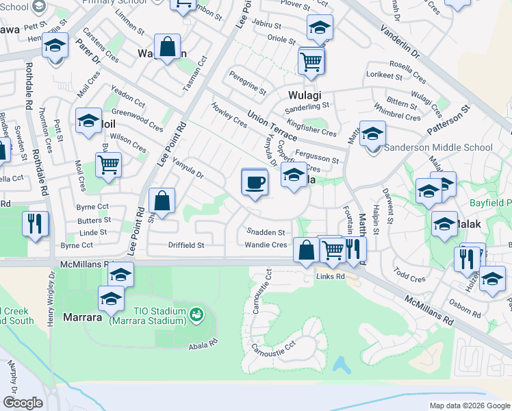 map of restaurants, bars, coffee shops, grocery stores, and more near 53 Yanyula Drive in Anula