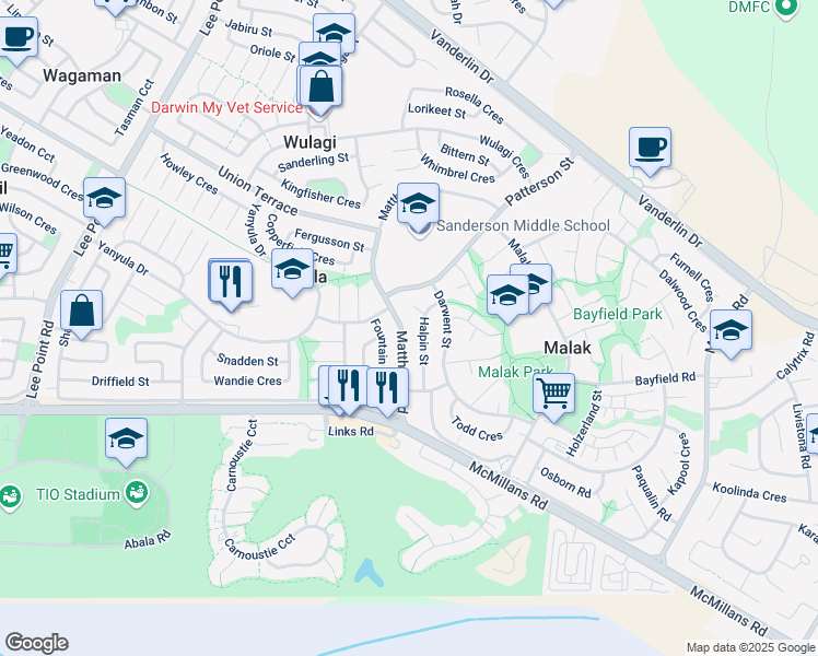 map of restaurants, bars, coffee shops, grocery stores, and more near 22 Matthews Road in Malak
