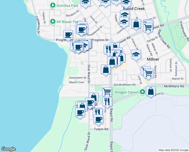 map of restaurants, bars, coffee shops, grocery stores, and more near 17 Sovereign Circuit in Coconut Grove