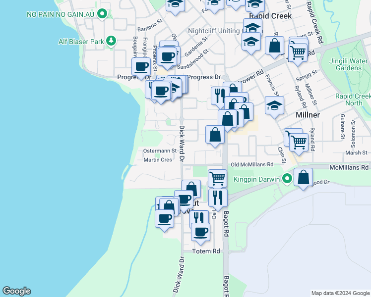 map of restaurants, bars, coffee shops, grocery stores, and more near 150 Dick Ward Drive in Coconut Grove