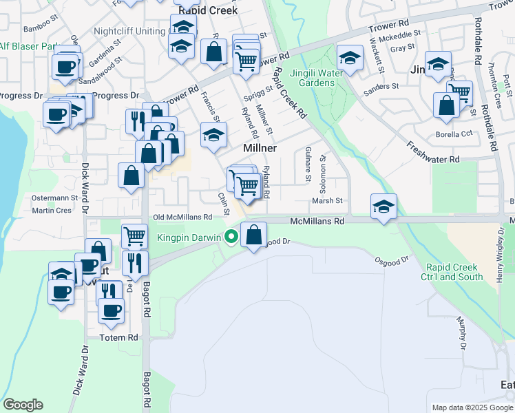 map of restaurants, bars, coffee shops, grocery stores, and more near 165 McMillans Road in Millner