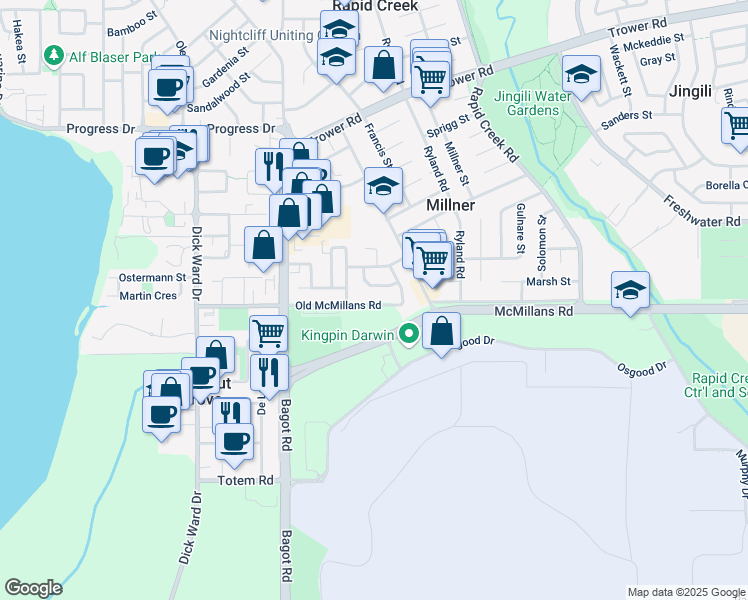 map of restaurants, bars, coffee shops, grocery stores, and more near 145 Old McMillans Road in Millner
