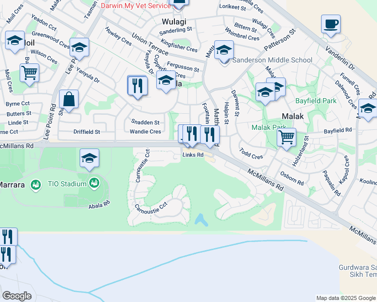 map of restaurants, bars, coffee shops, grocery stores, and more near 1 Links Road in Marrara