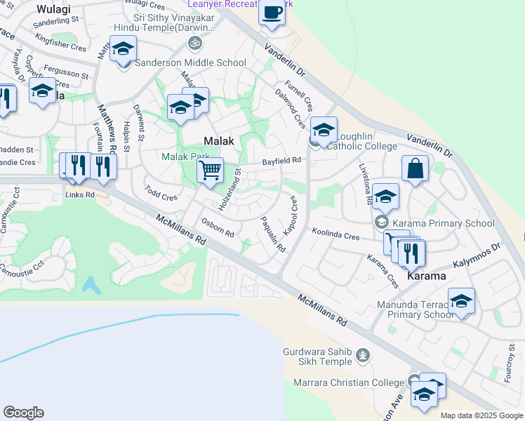 map of restaurants, bars, coffee shops, grocery stores, and more near 1 Hawkins Court in Malak