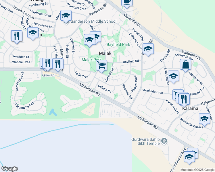 map of restaurants, bars, coffee shops, grocery stores, and more near 18 Chambers Crescent in Malak