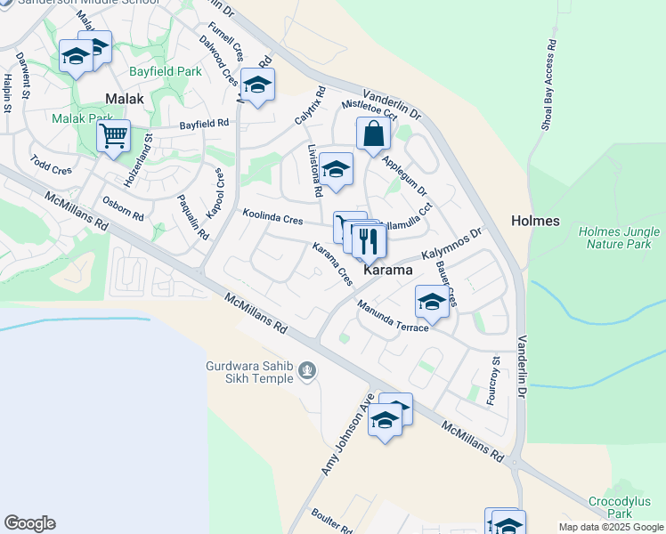 map of restaurants, bars, coffee shops, grocery stores, and more near 13 Karama Crescent in Karama