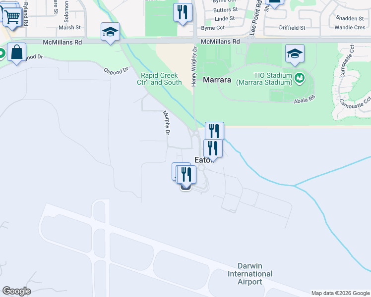 map of restaurants, bars, coffee shops, grocery stores, and more near 1 Henry Wrigley Drive in Eaton